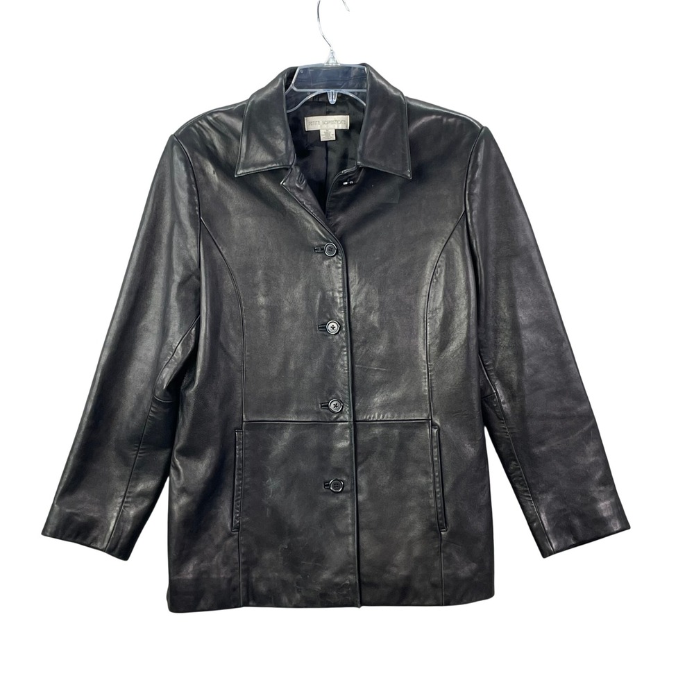 Petite Sophisticate Leather Jacket‎ Womens Medium Black Button Front Blazer Coat